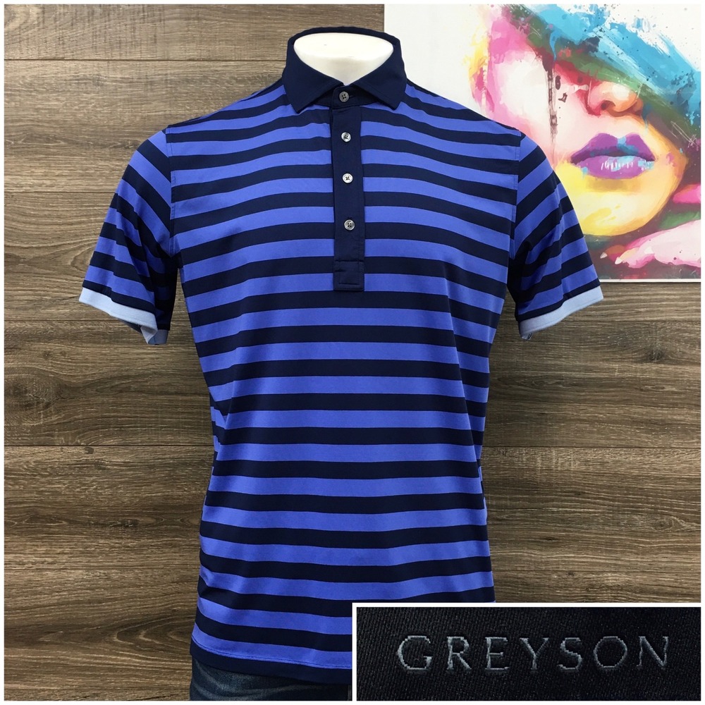 Greyson Mens Large Blue Navy Striped Short Sleeve Golf Polo Shirt Wolf Logo
